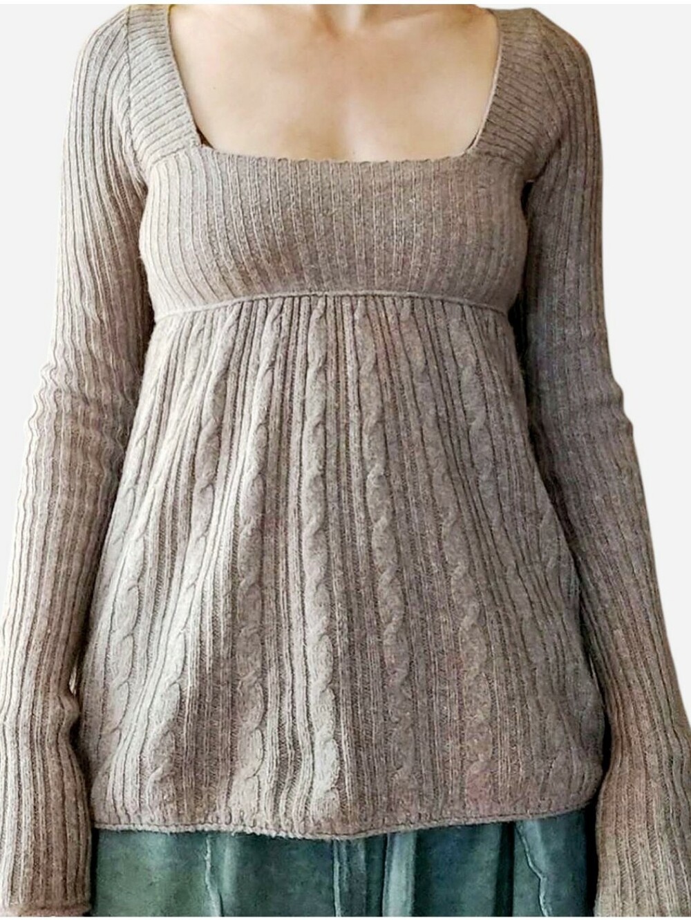 Hollister Y2K Square Neck Bella Swancore Cable-Knit Sweater in Tan Size Medium